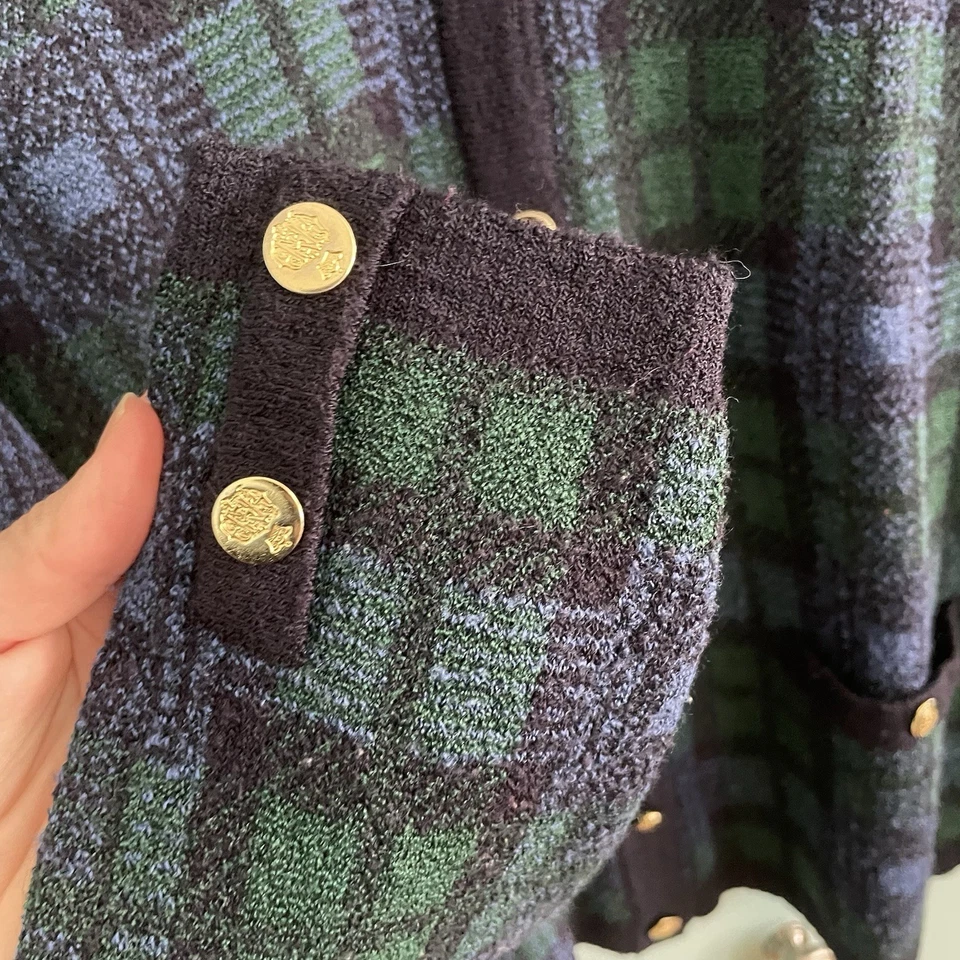 Vintage Talbots Wool Plaid Button Up Cardigan Large Blue Green Gold Buttons - Image 3 of 4