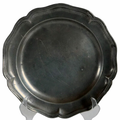 1870s Antique French Pewter Wavy Edge Multi-Reed Plate Scalloped D Monogram