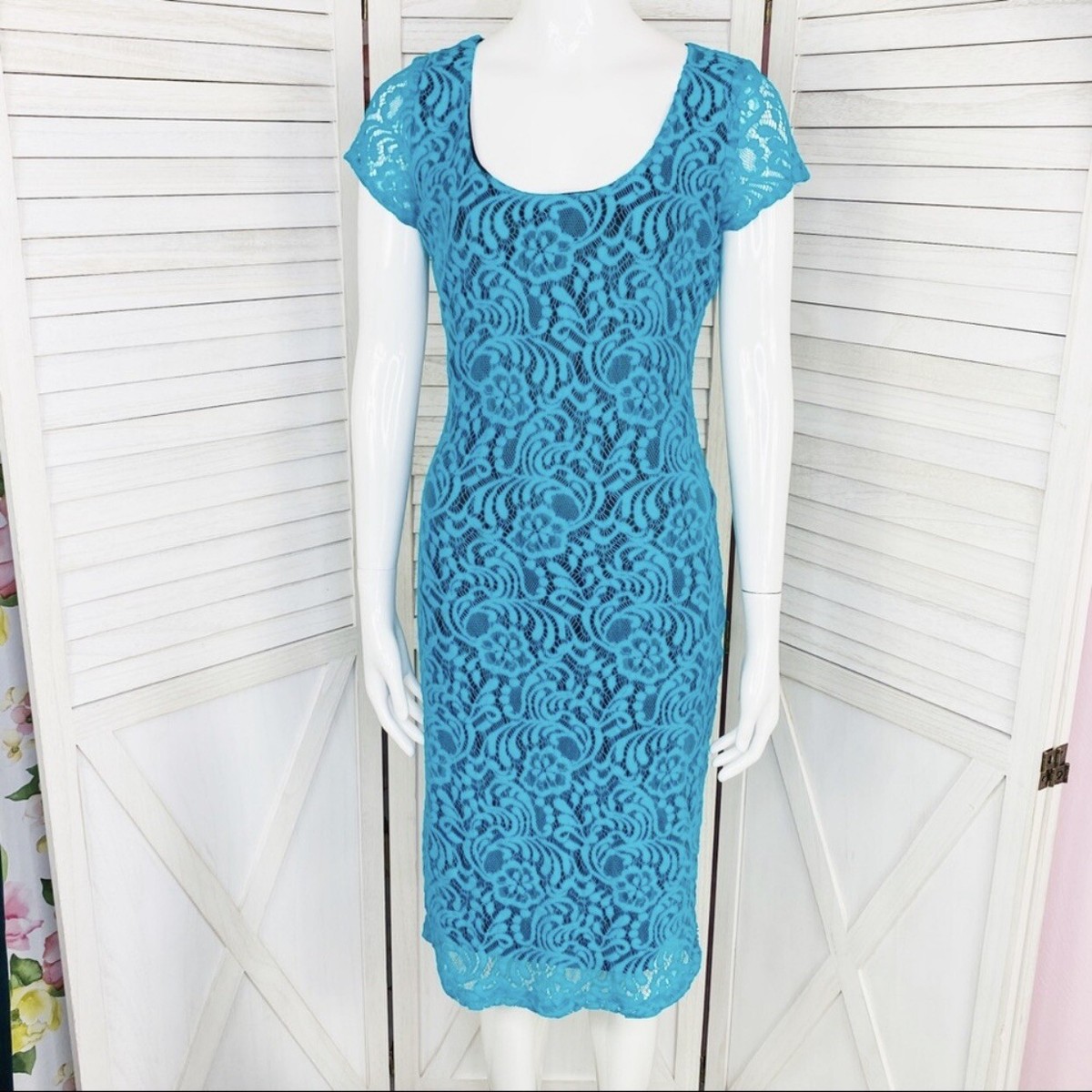 teal lace bodycon dress New York & Co Lace Dress Womens 2 Teal Blue Sheath Bodycon Cap Sleeve  Cocktail