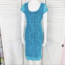 Eva Mendes New York & Co Dress Womens 2 Teal Blue Lace Sheath Bodycon Cap Sleeve