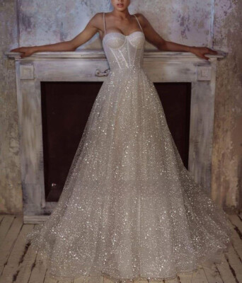 Glitter Wedding Dress V Neck Spaghetti Strap Sleeveless A Line