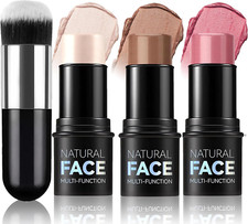Image of Contour, Highlight, and Blush Stick Set - 3Pcs with Brush, Long-Lasting Formula,