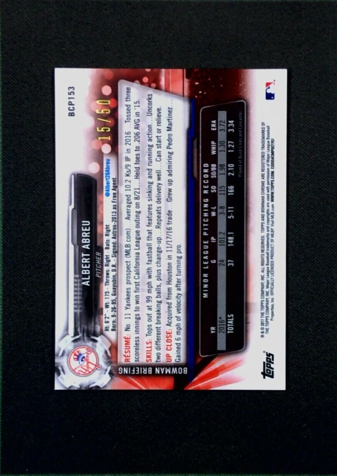2017 Bowman Chrome Mini #BCP153 Albert Abreu RC Gold Refractor SP #/50 - Yankees - Image 2 of 3