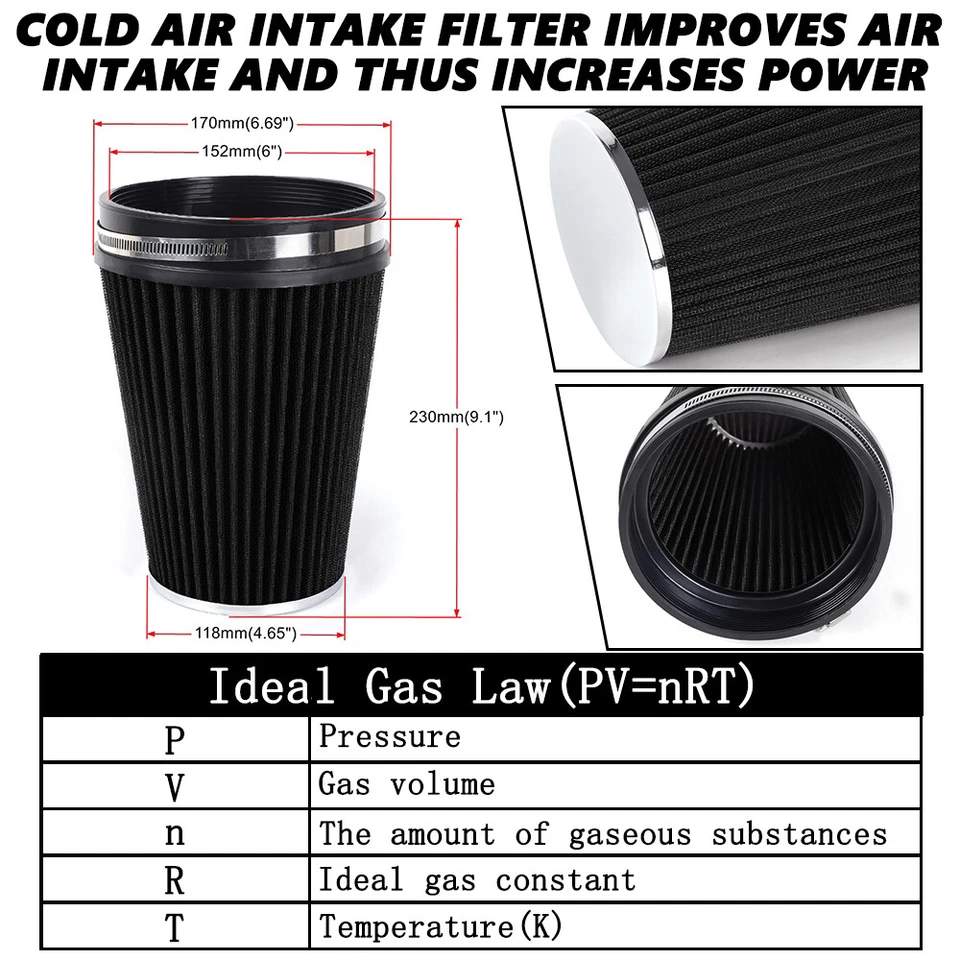 6" inch 152mm High Flow Inlet Cold Air Intake Cone Replacement Dry Air Filter Foto 2 de 4