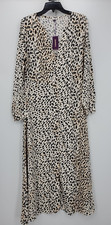 Lascana Dress Womens 8 Tan Black Animal Print Maxi Long Sleeve Flowy Boho Beachy