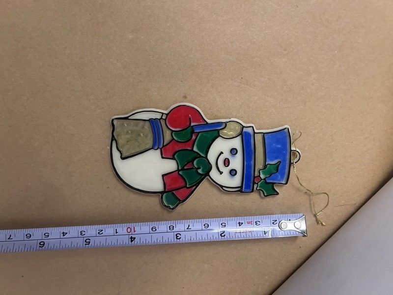 VTG Christmas Ornament Plastic Stained "glass" Snowman Broom, Bluehat