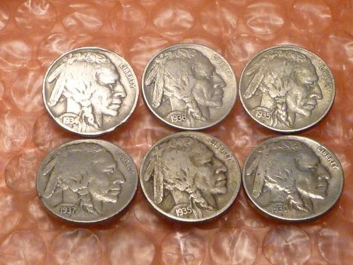 Buffalo Nickels 1930,34, 35,35D, 36, 37 FULL Dates  6 Coins Total