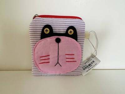 Quilted Cat Zippered Coin Purse Credit Card Holder Wallet Retro Funky 3.75 x4 