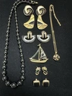 Vtg Trifari Don Lin..Gold Tone Black Enamel Pierced Earrings Faux Onyx Necklace