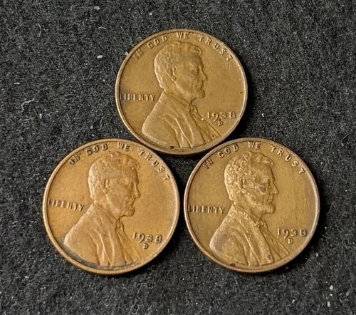 1938 D (3 Coins) Lincoln Wheat Pennies- Free Shipping