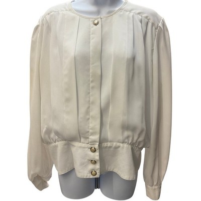 VTG 80s Karen Scott Satin Blouse Womens SZ 16 Silky White Career Top button gold