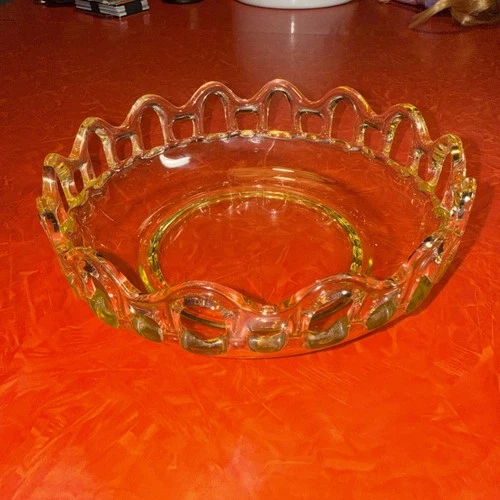 Vintage Imperial Depression Glass Light Yellow Open Lace Edge Fruit Candy Bowl