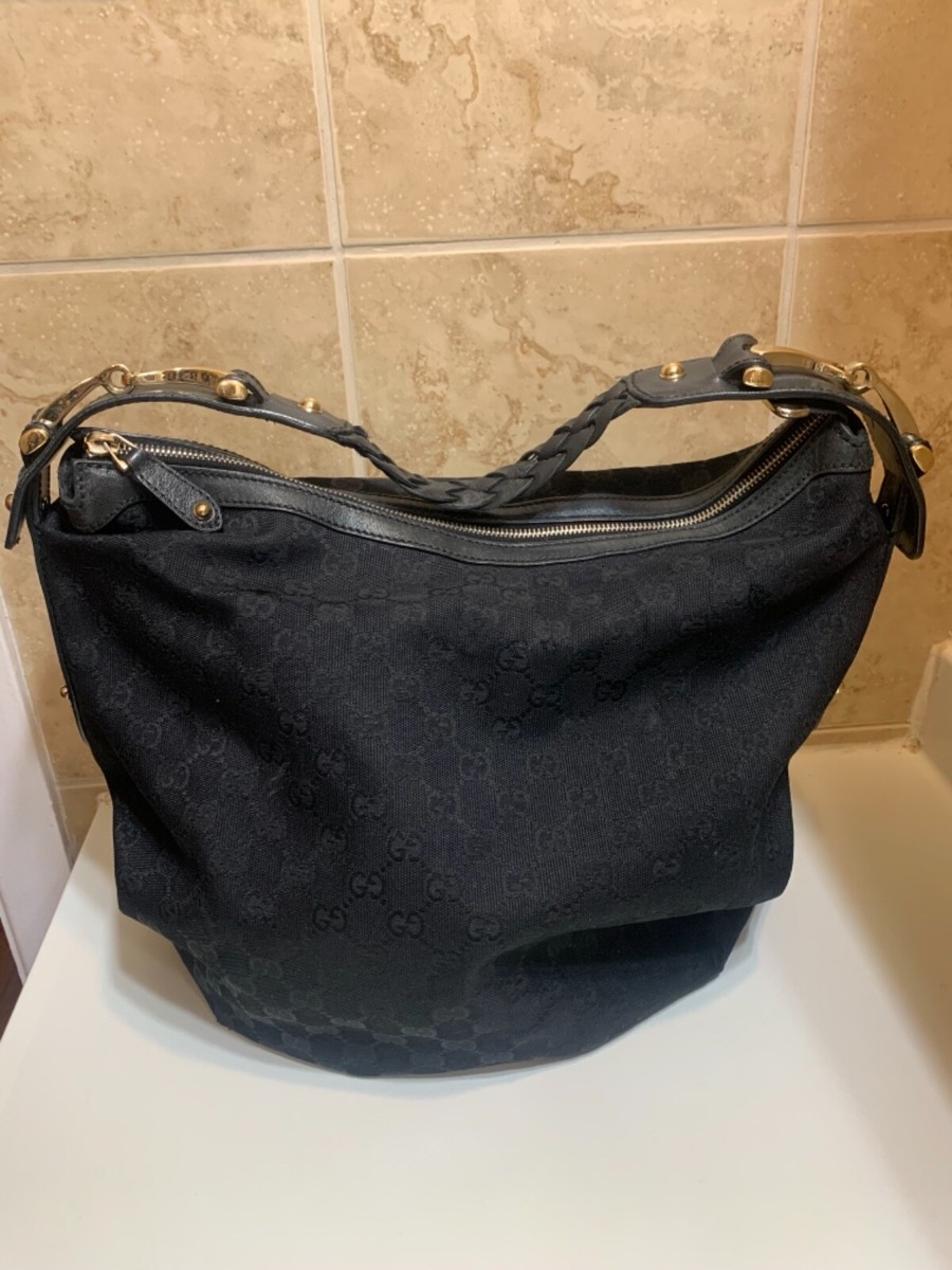 Gucci Monogram GG Black Horsebit handle Canvas Material Hobo Bag