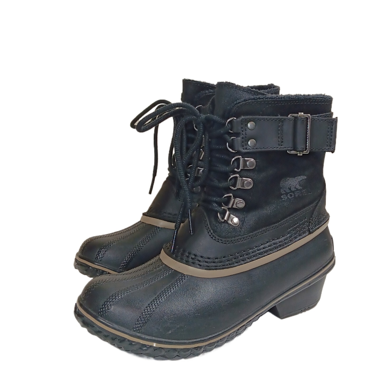 Sorel Womens Fancy Lace Duck Boots Size 7 Black Leather Suede Waterproof Rubber