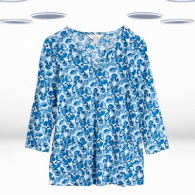 Ex Seasalt Damen 3/4 Ärmel bedruckt Kerb Ausschnitt Top in blau geblümt