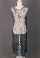 VTG Women's 20s Mesh Blue Beaded Drop Waist Flapper Dress Sz s 1920s Art Deco