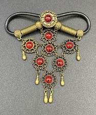 Vintage Brass Tone and Faux Red and Black Stone Hair Barrette Without Stick