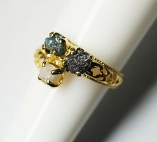 1.92cts Blue/Black/White Rough Diamond Ring, Uncut Raw Three Diamond silver Ring