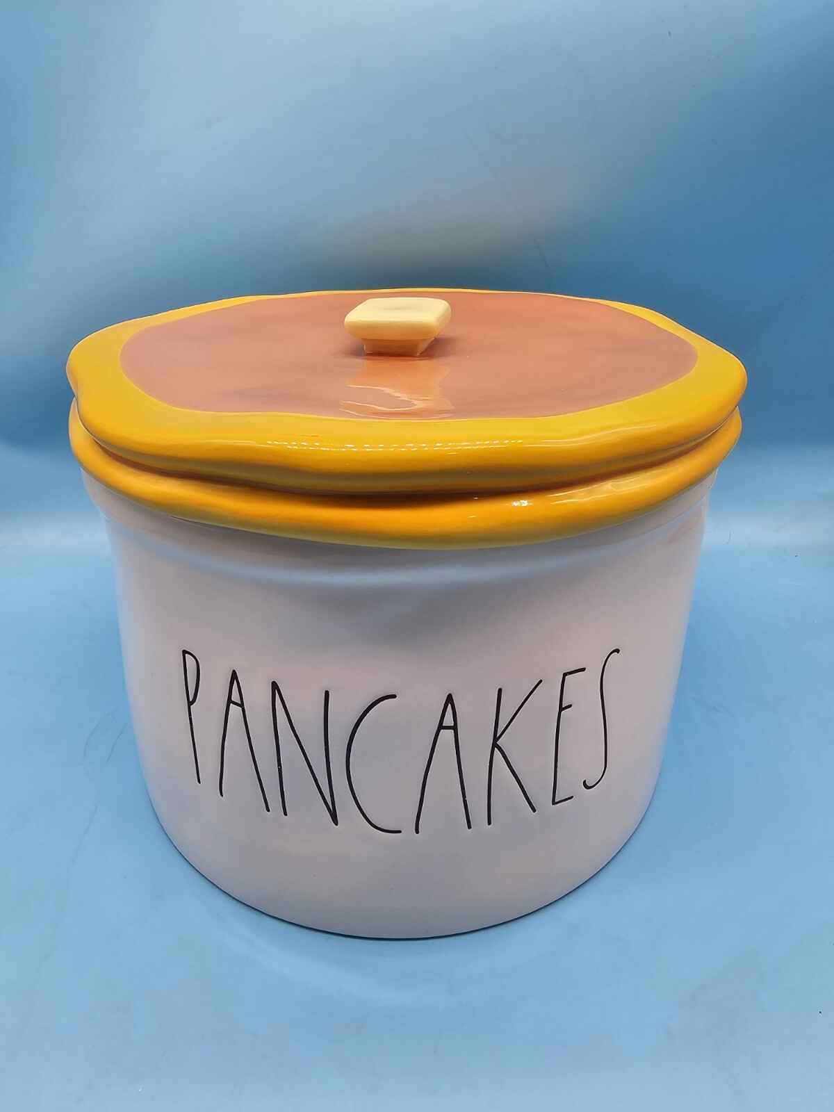 Rae Dunn PANCAKES Warmer Holder Canister Butter Pat Knob Yellow Lid 2