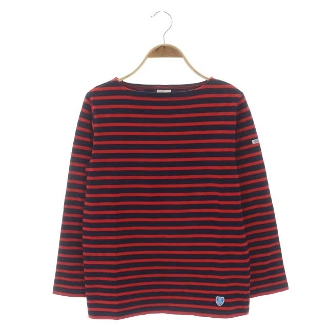 Orchibal Orcival Cut Sew Border Long Sleeve Pullover Boat Neck Red