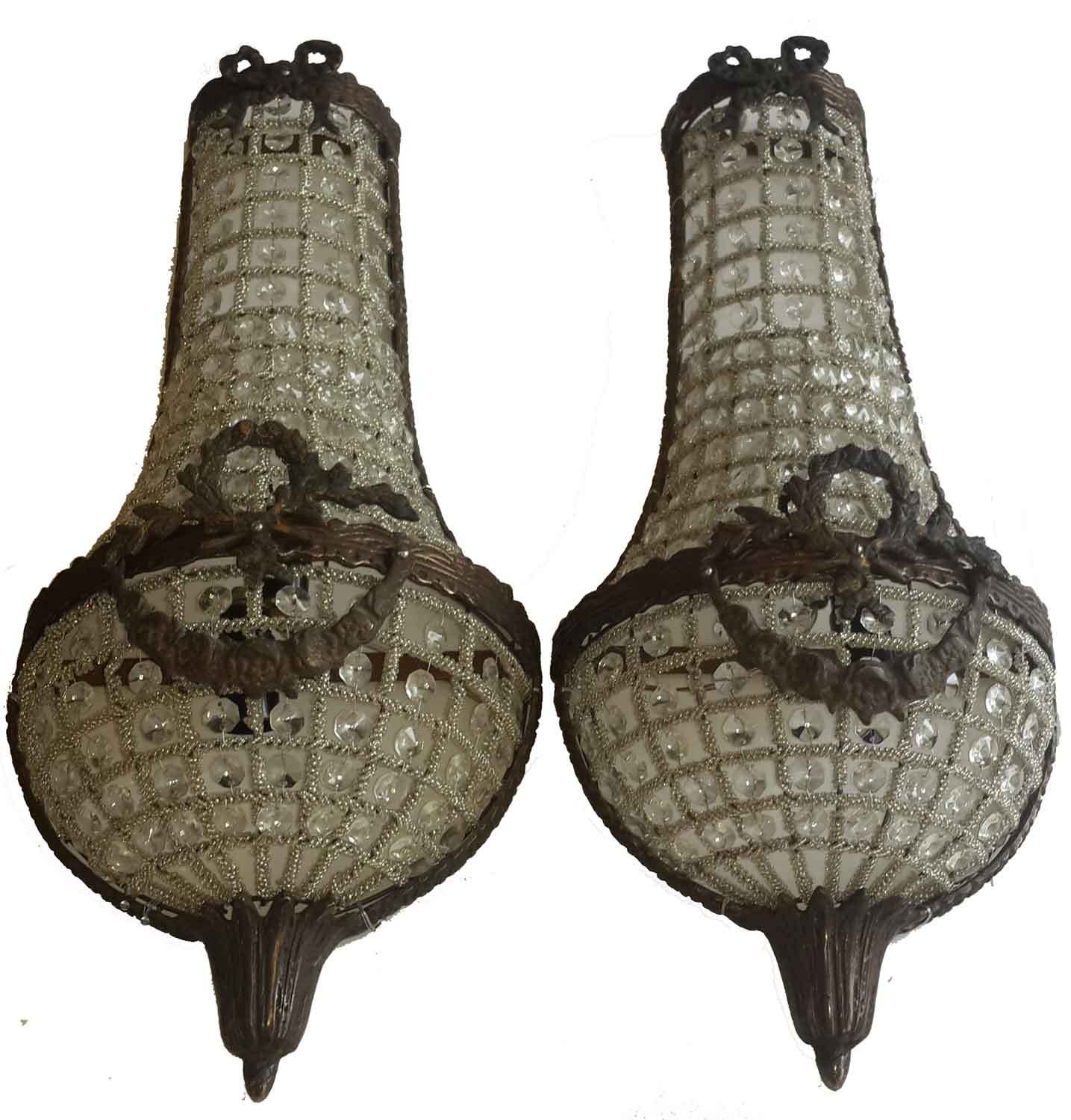 Pair French Empire Basket Crystal Wall Sconces Antique Replica Lamp