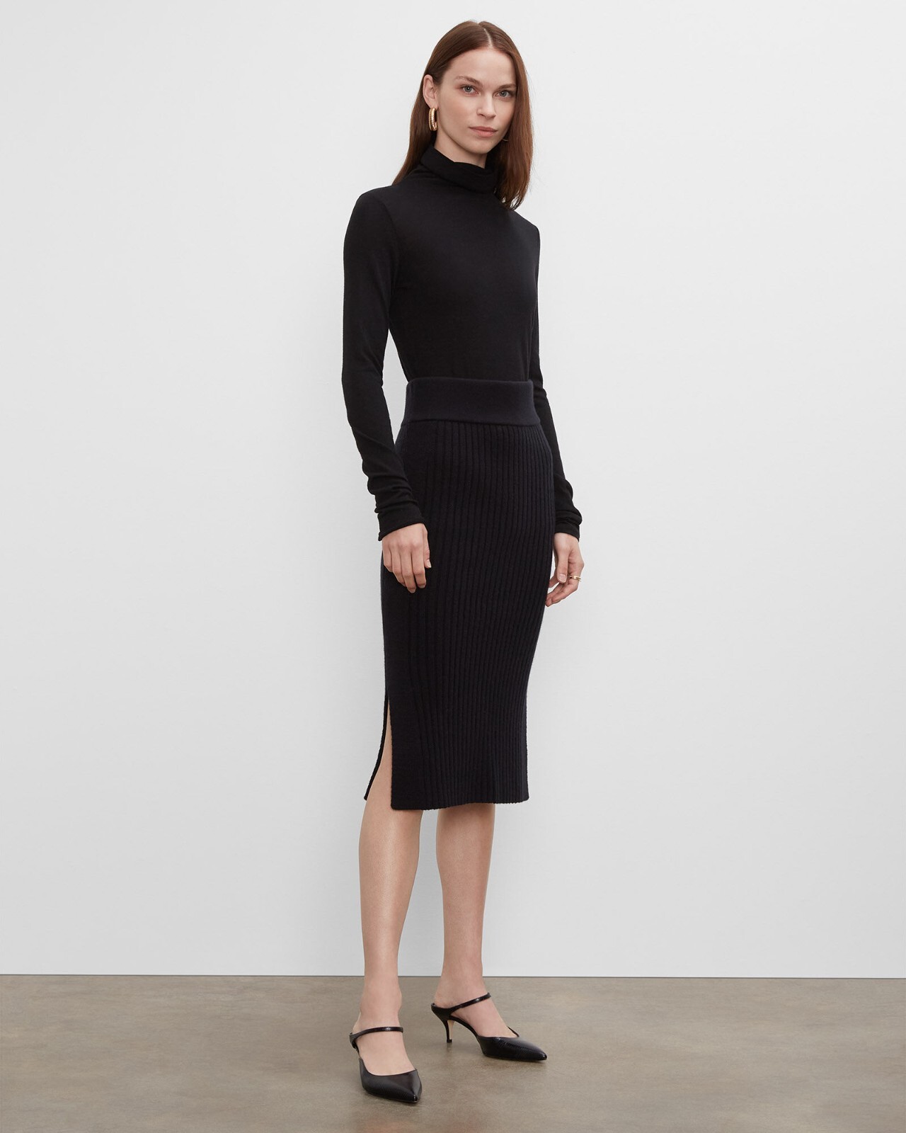 Club Monaco Black Multi Rib Midi Tube Skirt Wool Blend Side Slit