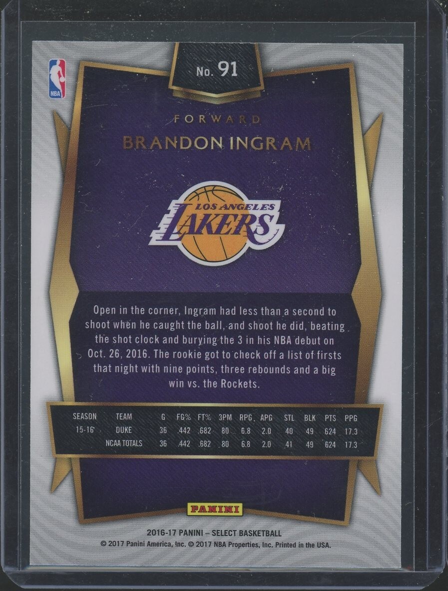 Carte Brandon Ingram 2016 Panini Select Blue - CSG 9 - RC Lakers #91
