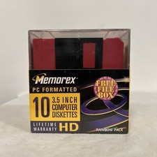 Memorex 3.5" 2SHD Floppy Disk PC Formatted Rainbow 10 Pack With File Box New
