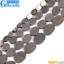 Natural Gemstone Grey Pyrite Beads Oval Flat Loose Beads For Jewelry Making 15"