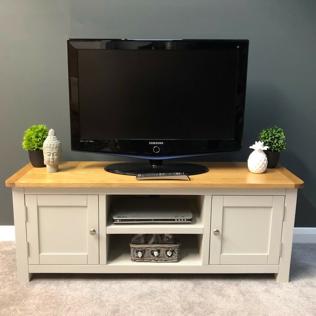 Painted Cream Large TV Stand Oak Wide Television Unit Solid Wood