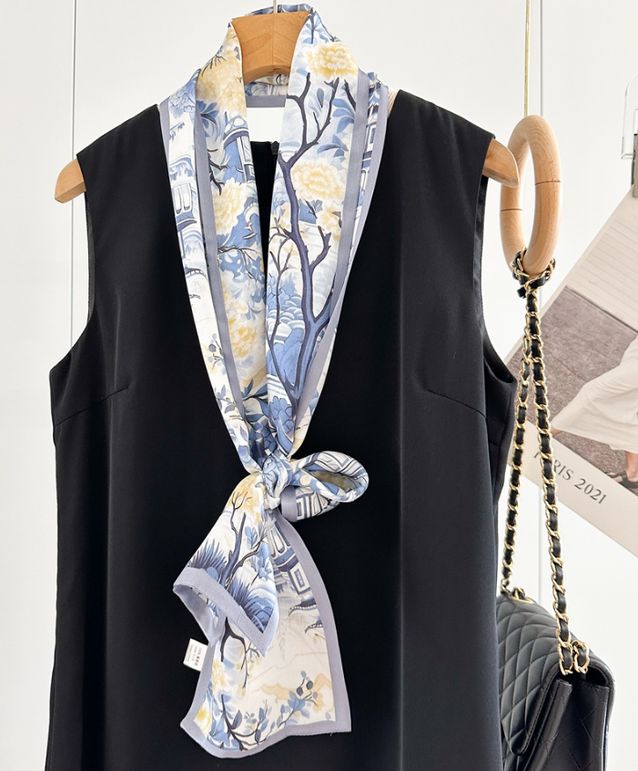 100% Mulberry Silk Scarf 150x16cm Floral Print Womens Wrap Neckerchief Yellow