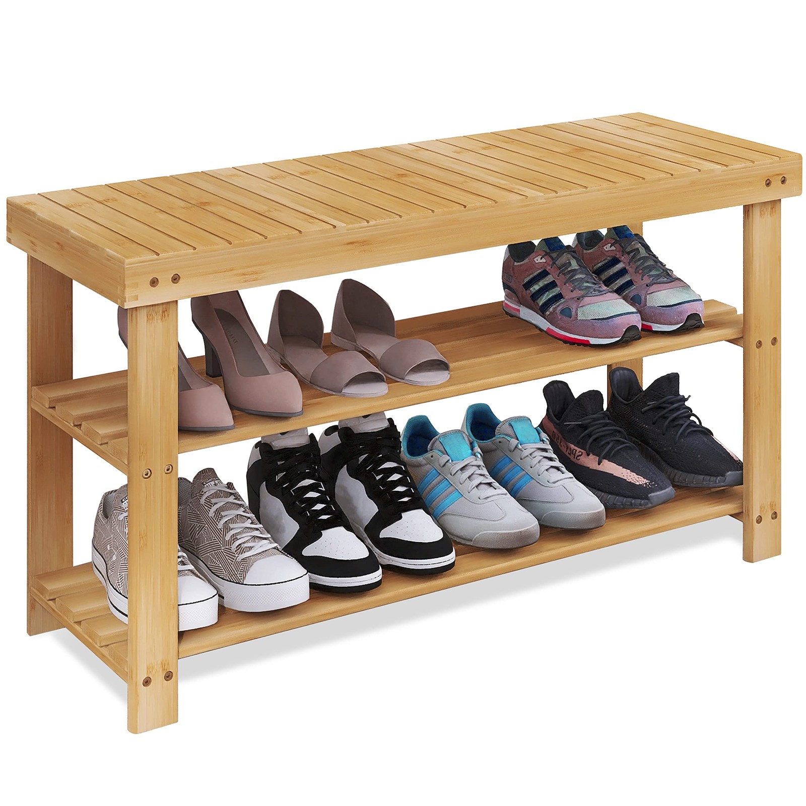 Bamboo Shoe Rack Bench, 3-Tier Shoe Organizer Storage Shelf for Entryway Hall...