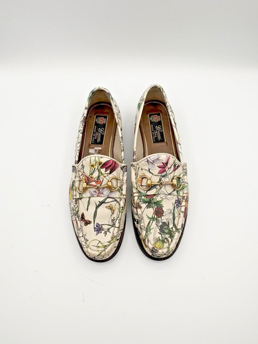 Gucci White Leather Floral Flora Print Loafers Gold Horsebit Accent Size EU 37
