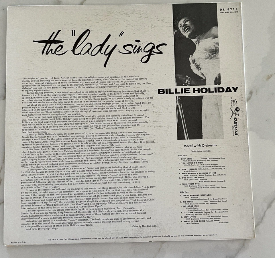 Billie Holiday - The Lady Sings -1956 Decca Mono DL8215 Early Pressing MG4366 T1 - Image 2 of 4