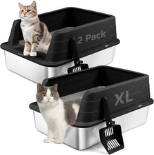 2 Pack Stainless Steel Litter Box XL 22.9 x15 x 10.3 High Sided Metal Cat