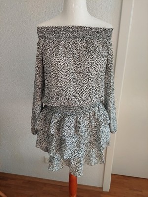 Michael Kors Kleid 100% Seide Gr M schwarz weiß Millefleur kurz Volant Sommer