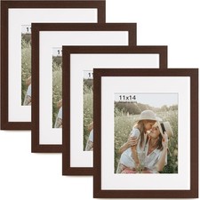 Momentworth 11x14 Picture Frame Walnut Wood Grain w/ Mat for 8x10 - Set of 4