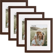Momentworth 11x14 Picture Frame Walnut Wood Grain w/ Mat for 8x10 - Set of 4