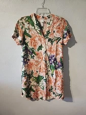 H&M Tunic Womens XS Mini Shirt Dress White Floral Tropical Hibiscus Hawaiian 