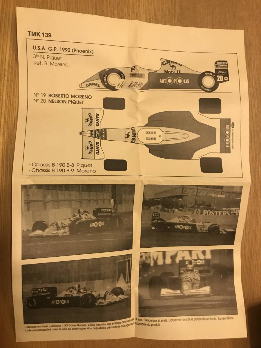 Tameo 1/43 Benetton B190B F1 Model NPique 1991 US GP 3rd Tameo 1/43 Benetton B190B F1 Model NPique 1991 US GP 3rd