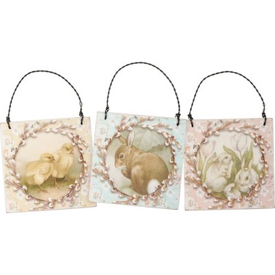 Set of 3 Spring Easter Wood ornaments, 3'' x 3'',  Bunnies & Chicks PBK NWT