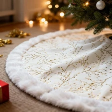 SYITCUN Christmas Tree Skirt 48in Faux Fur Gold White Xmas Tree Decor for 4-9...