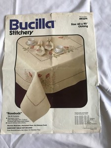 Vintage Stamped 60x90 Bucilla Cross Stitch Tablecloth Oblong Rosebuds 493211