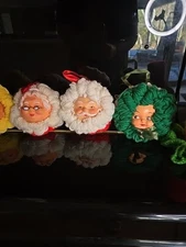 Yarn Face Christmas Ornaments & Candle Covers Santa Mrs Claus Cottagecore Kitsch