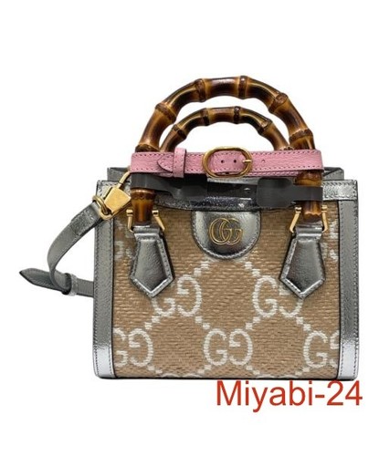 GUCCI Diana Mini Bamboo Handbag 2Way Shoulder Rafia Leather Beige Silver