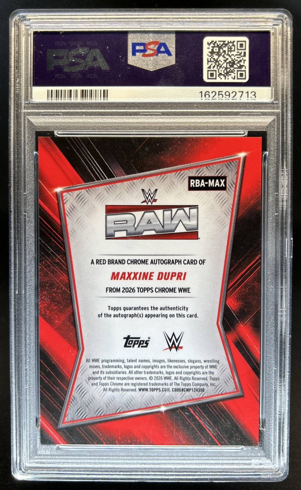 2026 Topps Chrome WWE Maxxine Dupri Red Brand Auto Purple Geometric #/10 PSA 9 view 2