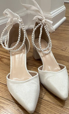 Shein Ivory Satin Pointed Toe Block Heel Bridal Shoes Pearl Ankle Strap Tie