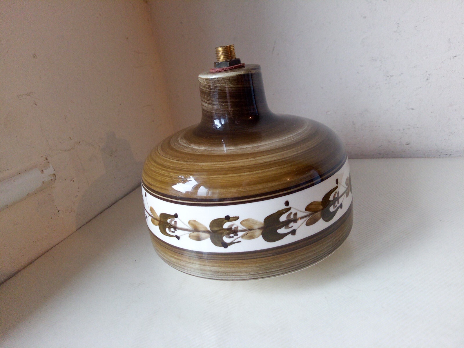 Jersey Pottery Lamp Base floral handpainted mid century 70s vintage brown 5.8