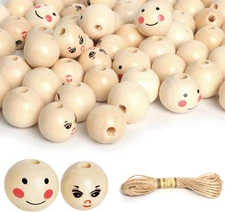 60PCS Wooden Beads with String,Natural Wood Beads Loose Beads with Face,2 Styles