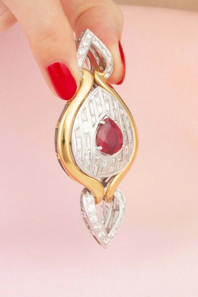 Faceted Ruby of Pigeon Blood Color 6.CT Ruby & 8.05CT Simulated Sapphire Brooch - Image 3 of 4